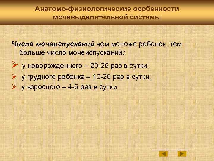 Анатомо-физиологические особенности мочевыделительной системы Число мочеиспусканий чем моложе ребенок, тем больше число мочеиспусканий: Ø