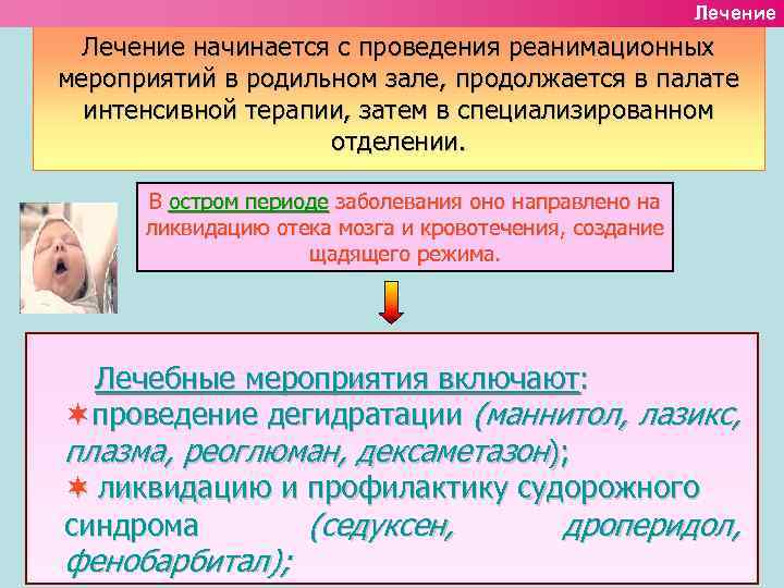 Лечение начинается с проведения реанимационных мероприятий в родильном зале, продолжается в палате интенсивной терапии,