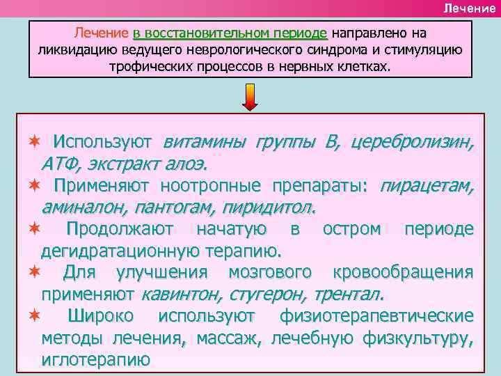 Лечение в восстановительном периоде направлено на ликвидацию ведущего неврологического синдрома и стимуляцию трофических процессов