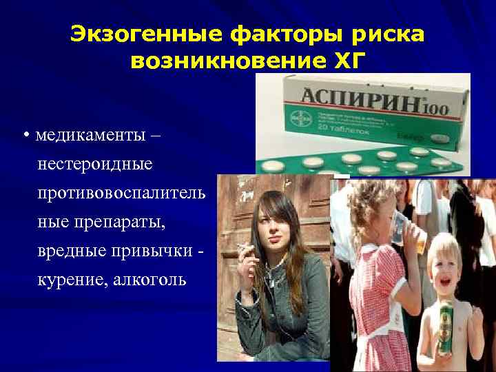 Экзогенные факторы риска возникновение ХГ • медикаменты – нестероидные противовоспалитель ные препараты, вредные привычки