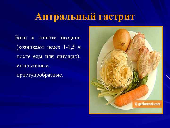 Антральный гастрит Боли в животе поздние (возникают через 1 -1, 5 ч после еды