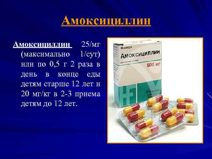 Амоксициллин 25/мг (максимально 1/сут) или по 0, 5 г 2 раза в день в