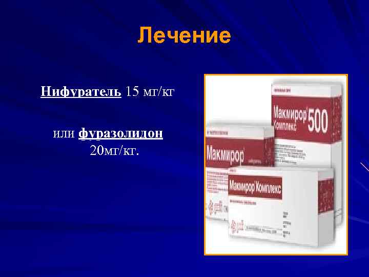 Лечение Нифуратель 15 мг/кг или фуразолидон 20 мг/кг. 