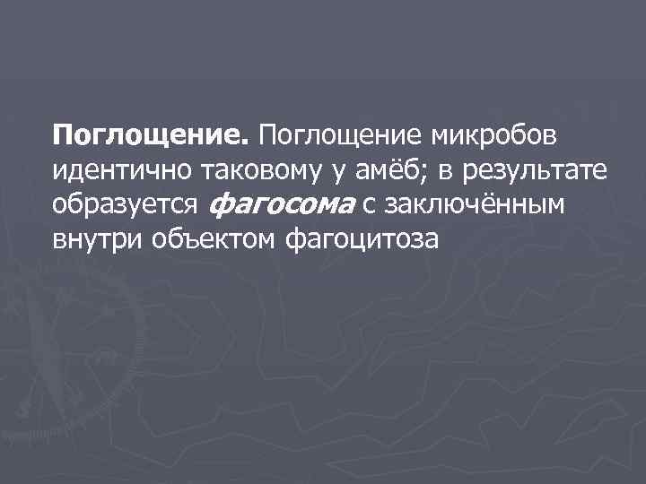 Поглощение микробов идентично таковому у амёб; в результате образуется фагосома с заключённым внутри объектом