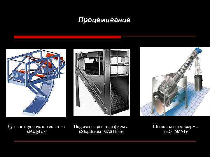 Процеживание Дуговая ступенчатая решетка «Ра. Ду. Га» Подвижная решетка фирмы «Step. Screen MASTER» Шнековая