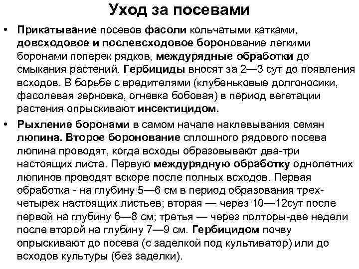 Уход за посевами • Прикатывание посевов фасоли кольчатыми катками, довсходовое и послевсходовое боронование легкими