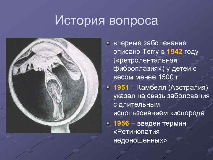 История вопроса впервые заболевание описано Terry в 1942 году ( «ретролентальная фиброплазия» ) у