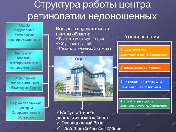 Структура работы центра ретинопатии недоношенных ОДКБ отделение патологии новорожденных Институт охраны материнства и младенчества