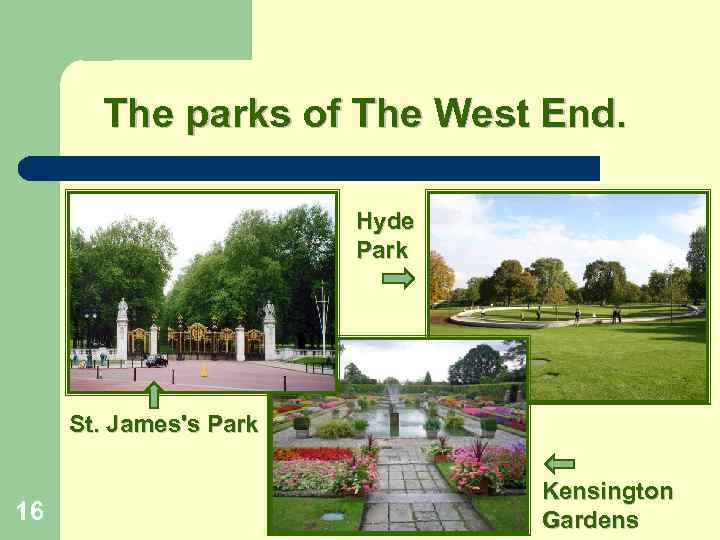 The parks of The West End. Hyde Park St. James's Park 16 Kensington Gardens