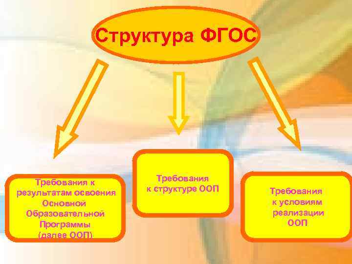 Структура ФГОС Требования к результатам освоения Основной Образовательной Программы (далее ООП) Требования к структуре