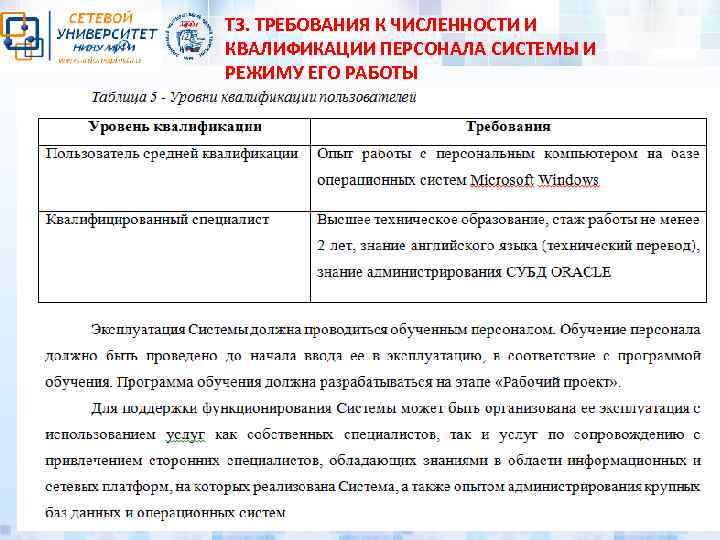 ТЗ. ТРЕБОВАНИЯ К ЧИСЛЕННОСТИ И КВАЛИФИКАЦИИ ПЕРСОНАЛА СИСТЕМЫ И РЕЖИМУ ЕГО РАБОТЫ 