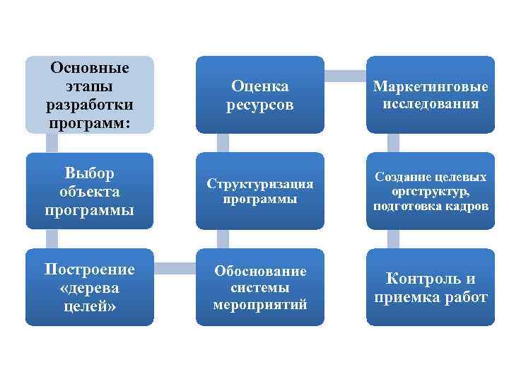 Основные этапы разработки программ: Оценка ресурсов Маркетинговые исследования Выбор объекта программы Структуризация программы Создание