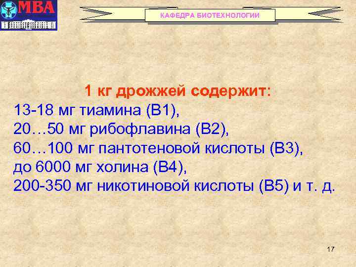 КАФЕДРА БИОТЕХНОЛОГИИ 1 кг дрожжей содержит: 13 -18 мг тиамина (В 1), 20… 50