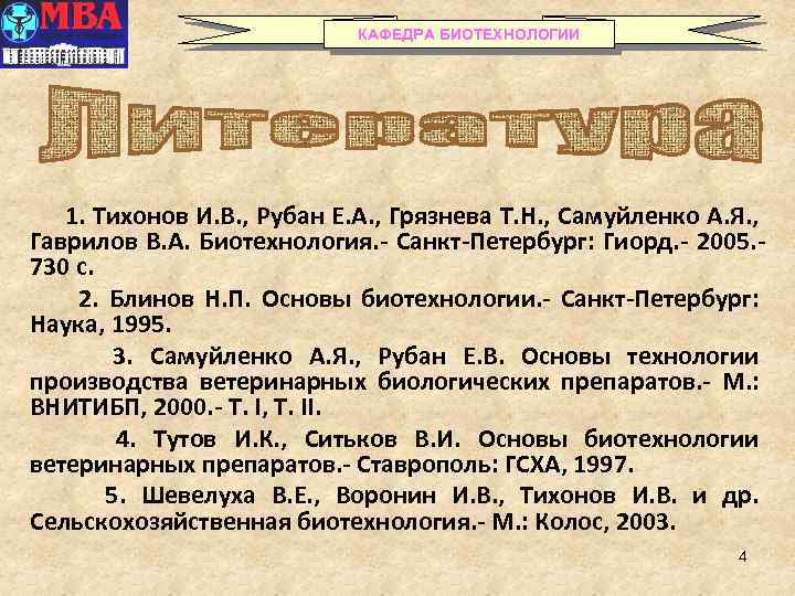 КАФЕДРА БИОТЕХНОЛОГИИ 1. Тихонов И. В. , Рубан Е. А. , Грязнева Т. Н.