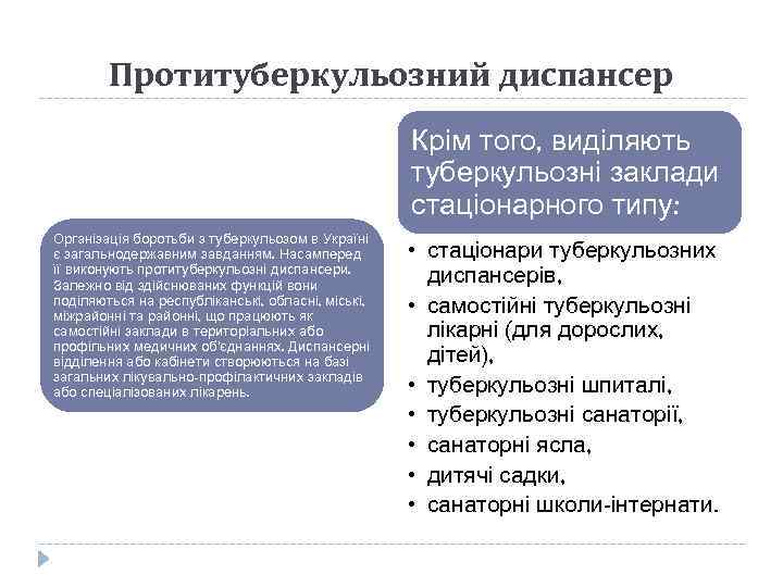 Протитуберкульозний диспансер Крім того, виділяють туберкульозні заклади стаціонарного типу: Організація боротьби з туберкульозом в