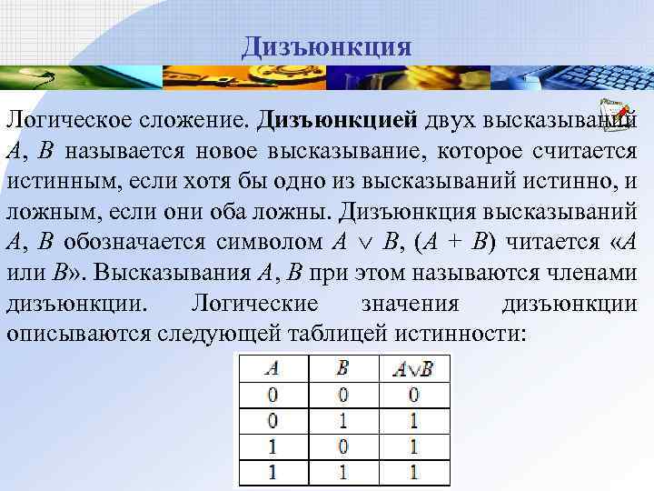 Дизъюнкция Логическое сложение. Дизъюнкцией двух высказываний A, B называется новое высказывание, которое считается истинным,