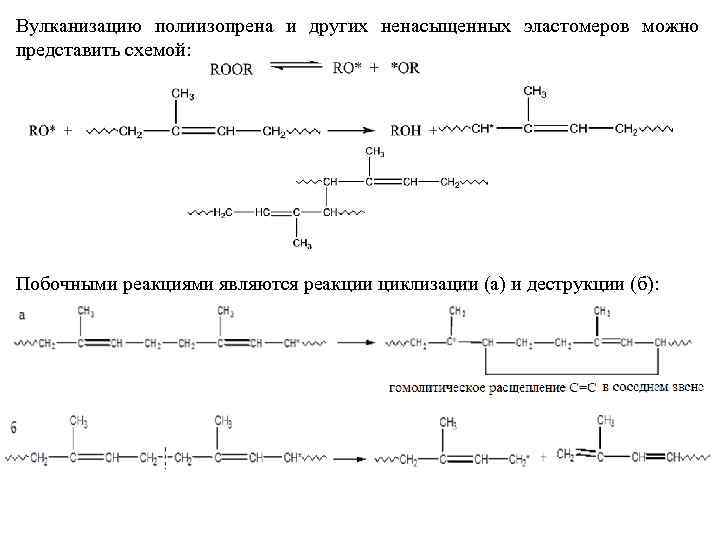 Вулканизацию полиизопрена и других ненасыщенных эластомеров можно представить схемой: Побочными реакциями являются реакции циклизации