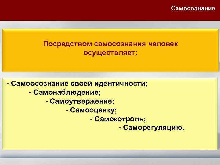 Самосознание Посредством самосознания человек осуществляет: - Самоосознание своей идентичности; - Самонаблюдение; - Самоутвержение; -