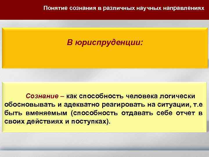 Понятие сознания в различных научных направлениях В юриспруденции: Сознание – как способность человека логически