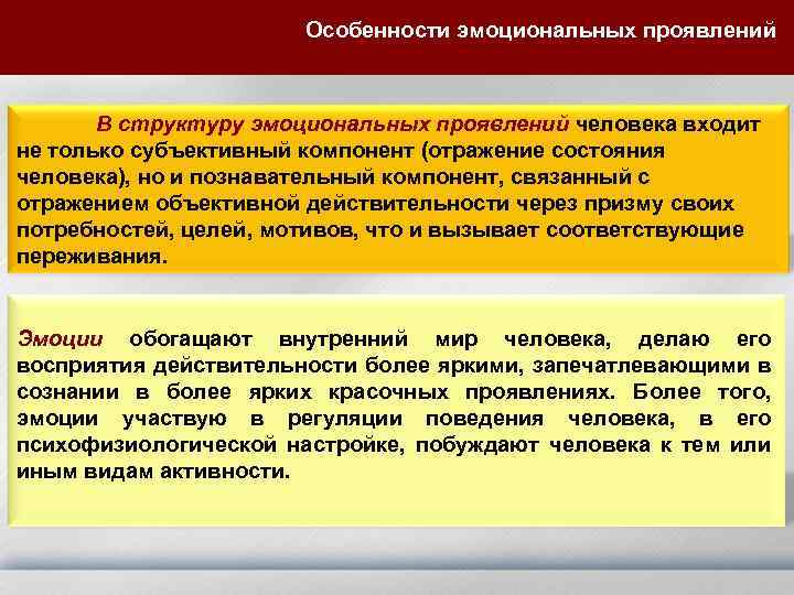 Особенности эмоциональных проявлений В структуру эмоциональных проявлений человека входит не только субъективный компонент (отражение