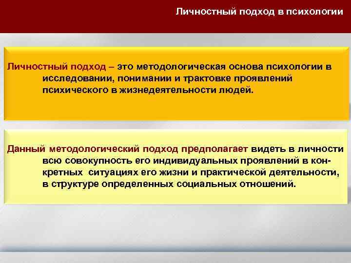  Личностный подход в психологии Личностный подход – это методологическая основа психологии в исследовании,