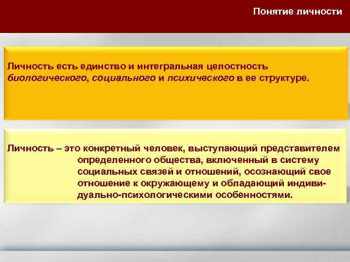 Понятие личности Личность единство и интегральная целостность биологического, социального и психического в ее структуре.