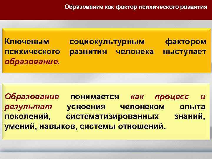 Образование как фактор психического развития Ключевым психического образование. социокультурным развития человека фактором выступает Образование