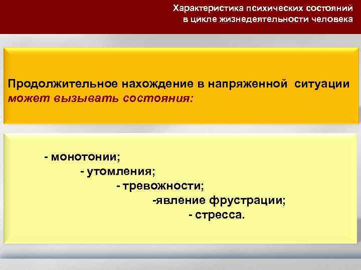 Характеристика психических состояний в цикле жизнедеятельности человека Продолжительное нахождение в напряженной ситуации может вызывать
