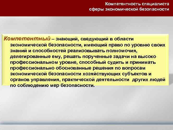 Компетентность специалиста сферы экономической безопасности Компетентный – знающий, сведующий в области экономической безопасности, имеющий