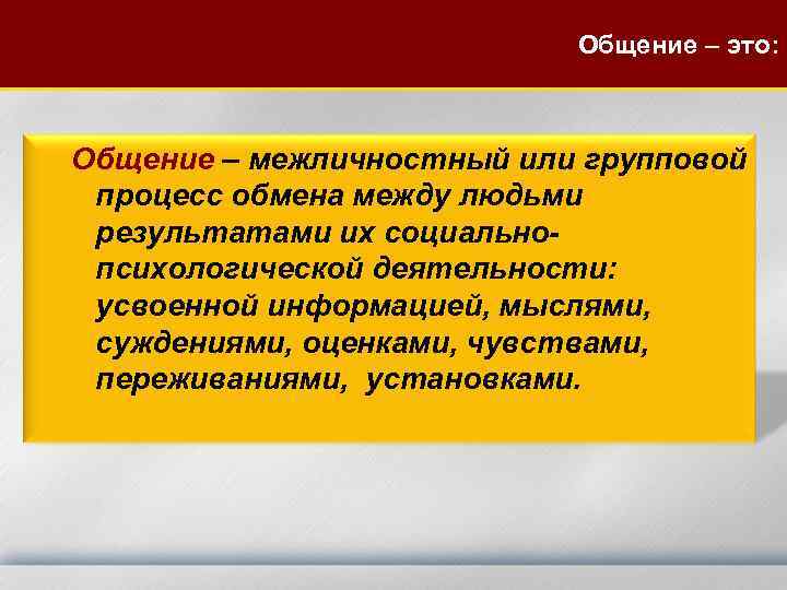 Общение – это: Общение – межличностный или групповой процесс обмена между людьми результатами их