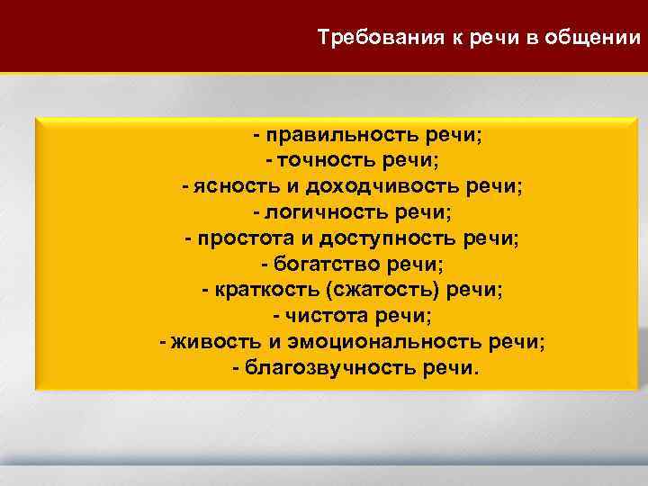 Требования к речи в общении - правильность речи; - точность речи; - ясность и