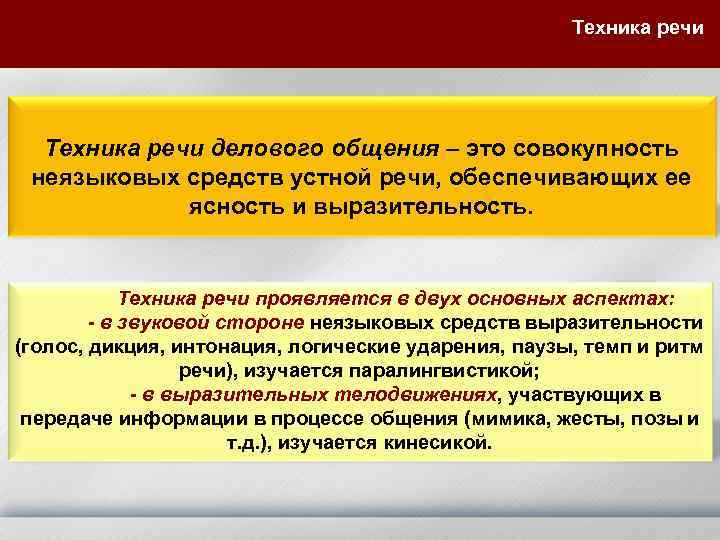 Техника речи делового общения – это совокупность неязыковых средств устной речи, обеспечивающих ее ясность