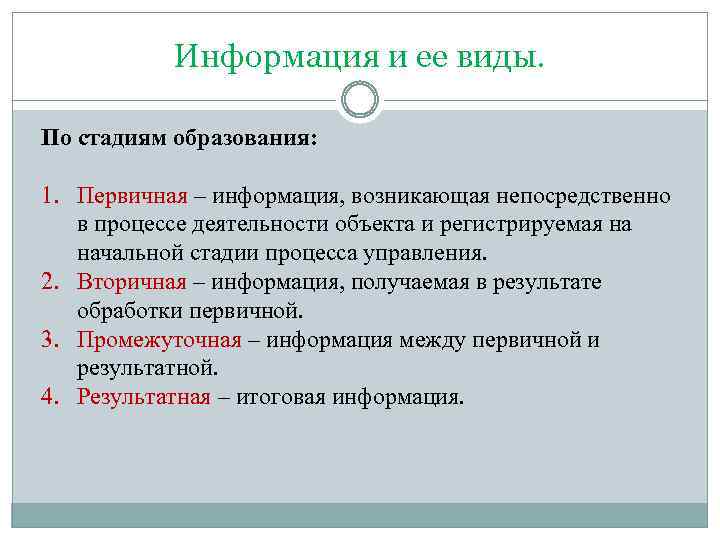 Информация возникает. Виды информации по стадиям образования. Этап образования информации. Этапы образования вида. Виды информации в обучении:.