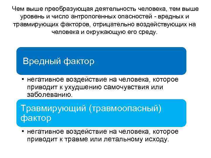 Чем выше преобразующая деятельность человека, тем выше уровень и число антропогенных опасностей - вредных