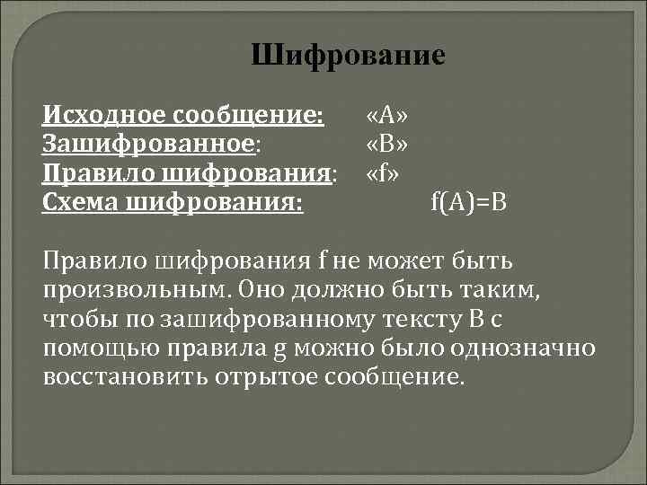 Шифрование Исходное сообщение: «А» Зашифрованное: «В» Правило шифрования: «f» Схема шифрования: f(A)=B Правило шифрования