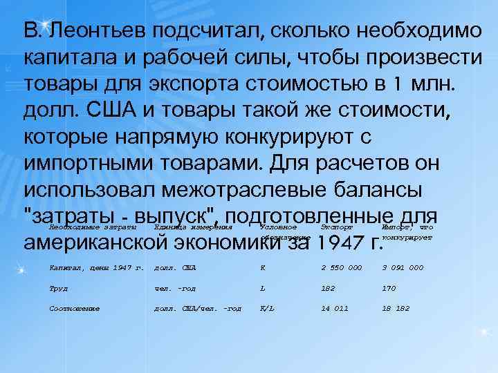 В. Леонтьев подсчитал, сколько необходимо капитала и рабочей силы, чтобы произвести товары для экспорта
