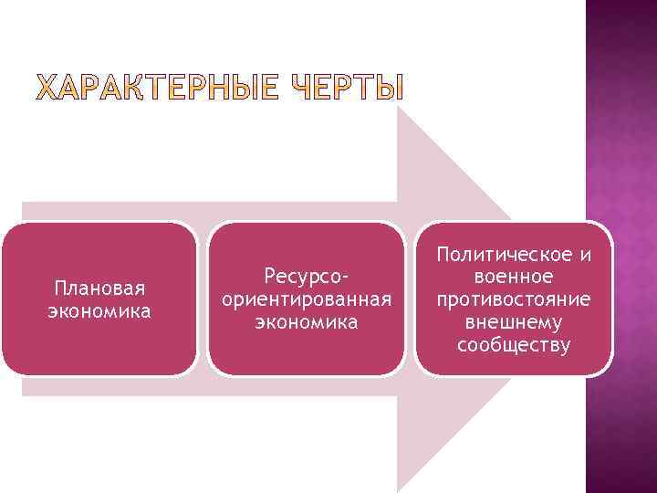 Плановая экономика Ресурсоориентированная экономика Политическое и военное противостояние внешнему сообществу 