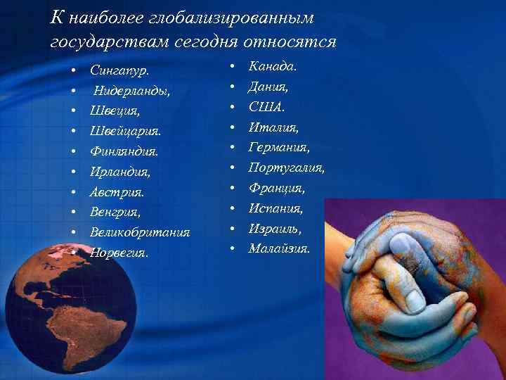 К наиболее глобализированным государствам сегодня относятся • • • Сингапур. Нидерланды, Швеция, Швейцария. Финляндия.
