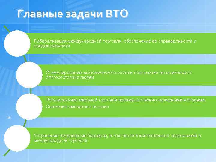 Главные задачи ВТО Либерализация международной торговли, обеспечение ее справедливости и предсказуемости Стимулирование экономического роста