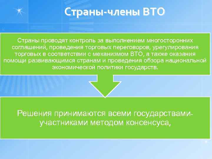 Страны-члены ВТО Страны проводят контроль за выполнением многосторонних соглашений, проведения торговых переговоров, урегулирования торговых