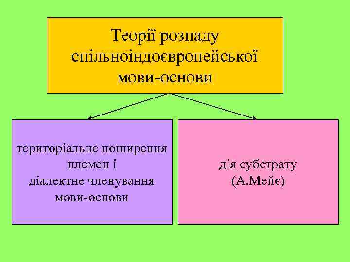Теорії розпаду спільноіндоєвропейської мови-основи територіальне поширення племен і діалектне членування мови-основи дія субстрату (А.