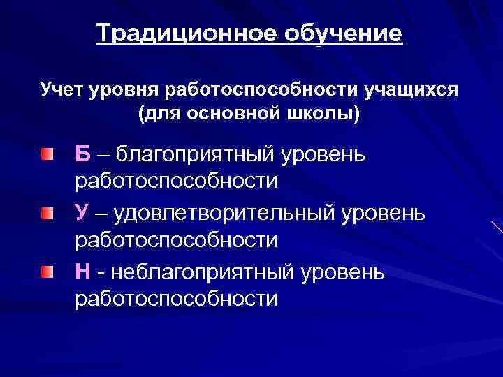 Традиционное обучение Учет уровня работоспособности учащихся (для основной школы) Б – благоприятный уровень работоспособности