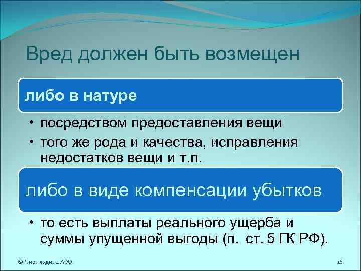 Вред должен быть возмещен либо в натуре • посредством предоставления вещи • того же