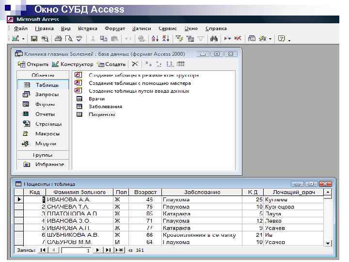 Окно СУБД Access 