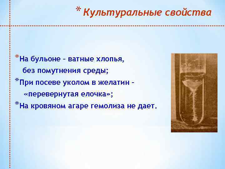 * Культуральные свойства *На бульоне – ватные хлопья, без помутнения среды; *При посеве уколом