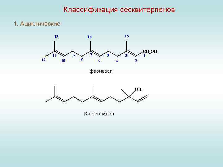 Классификация сесквитерпенов 1. Ациклические фарнезол β-неролидол 