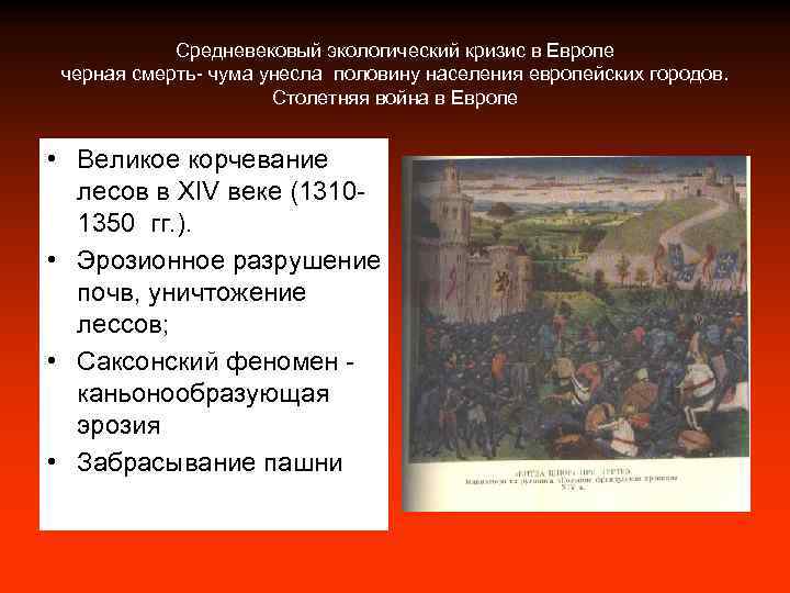 Средневековый экологический кризис в Европе черная смерть- чума унесла половину населения европейских городов. Столетняя