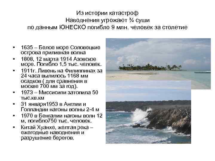 Из истории катастроф Наводнения угрожают ¾ суши по данным ЮНЕСКО погибло 9 млн. человек