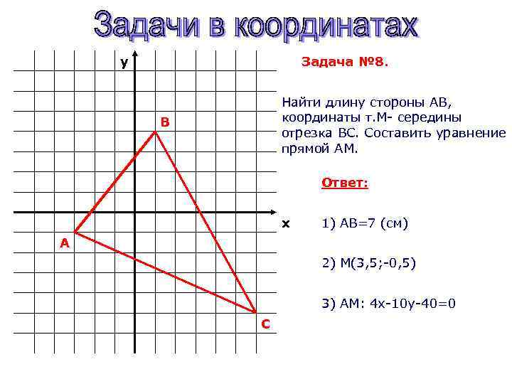 y Задача № 8. Найти длину стороны АВ, координаты т. М- середины отрезка ВС.