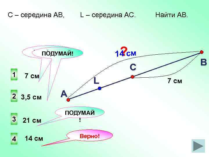 С – середина АВ, L – середина АС. ? 14 см ПОДУМАЙ! 1 3